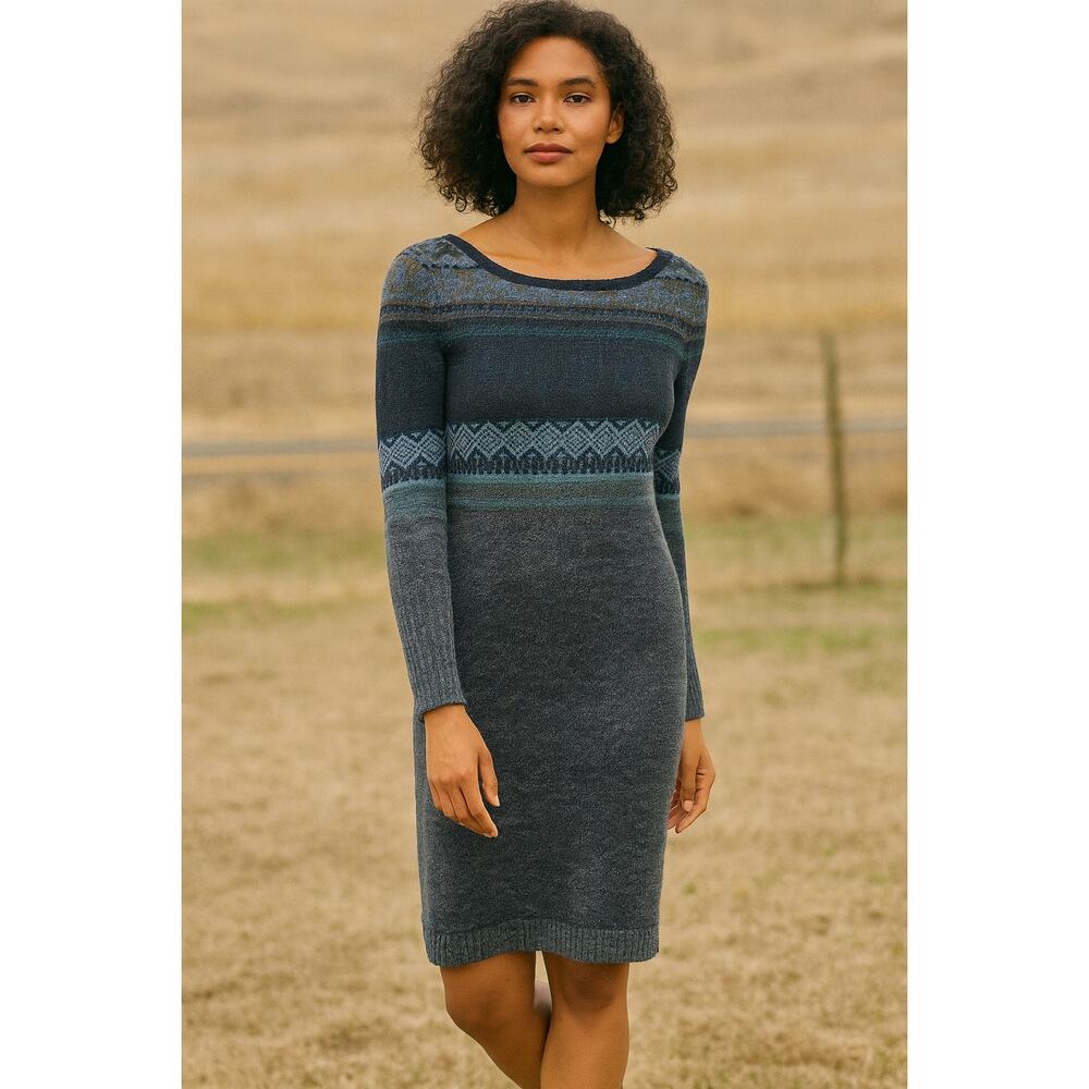 Peruvian Connection Knit Long Sleeve Dress Wool Alpaca Pima Cotton XS Fair Isle